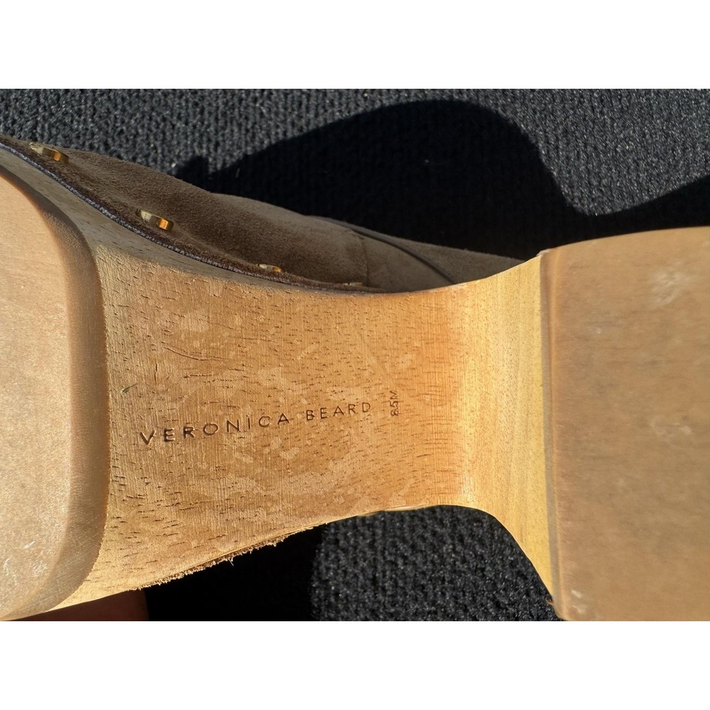 Veronica Beard Dacey Suede Wooden Clog Mule Camel Brown Studded Buckle Heel 8.5M - Picture 12 of 13